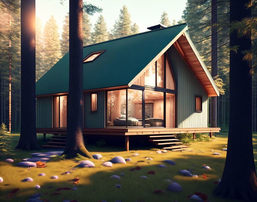 Modern Cabin with Large Windows in Forest Clearing