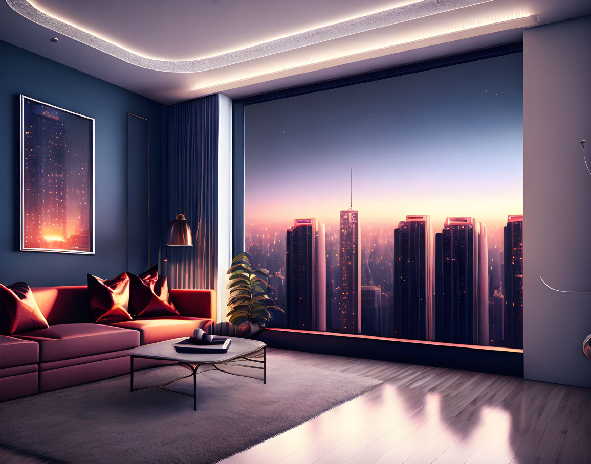 Modern living room with cityscape view and stylish furniture.