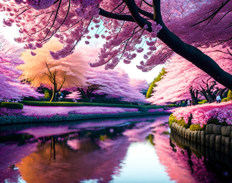 Serene river scene with vibrant cherry blossoms in full bloom