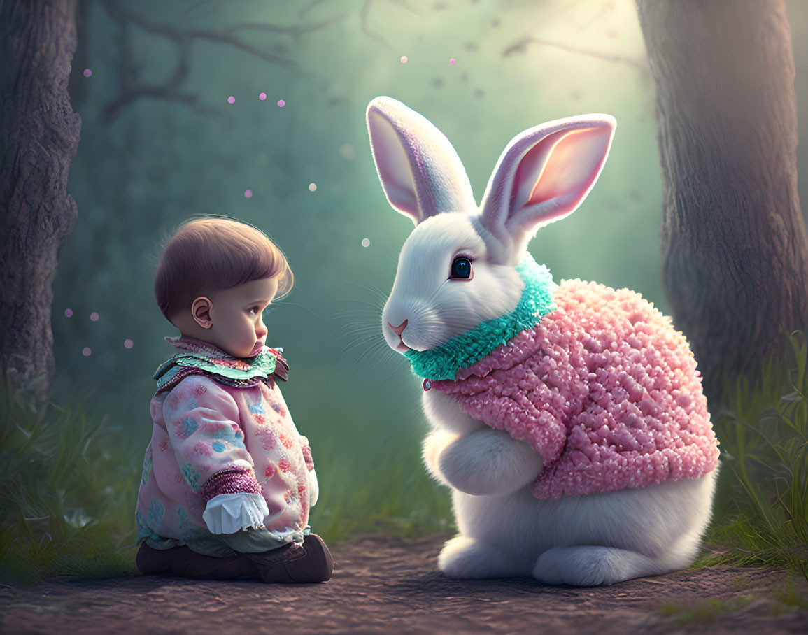 Toddler and rabbit in whimsical forest scene