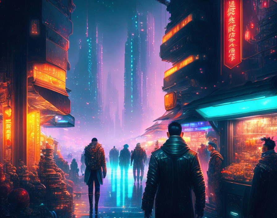 Vibrant futuristic cityscape with neon lights and night market