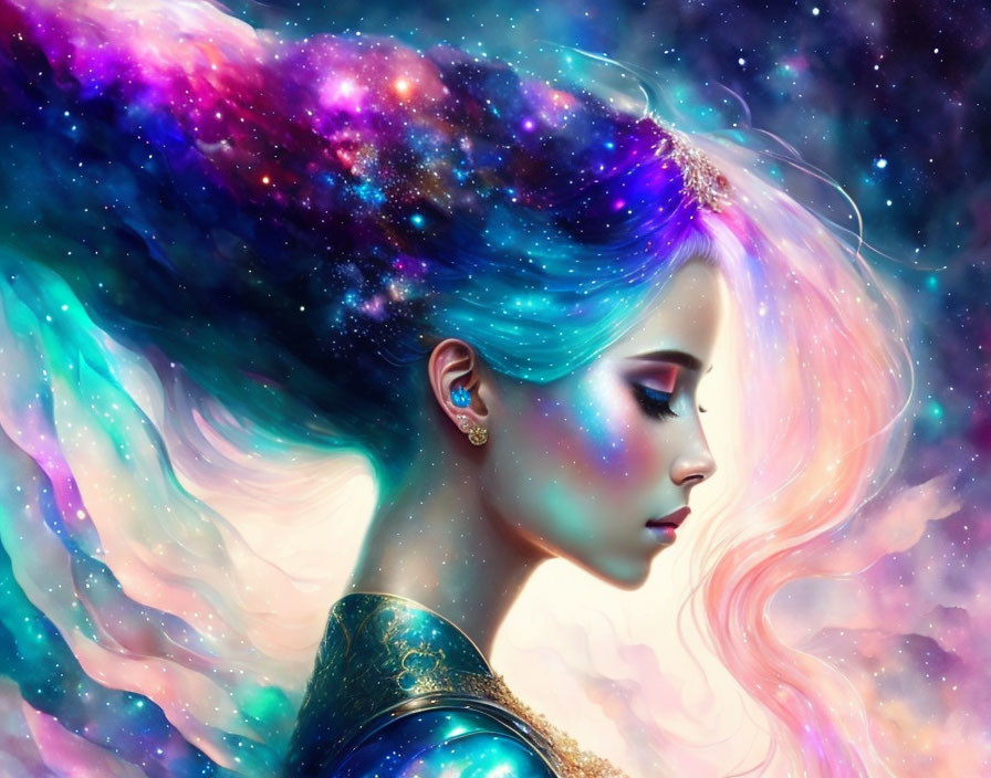 Vibrant surreal portrait of a woman with nebula hair in galaxy