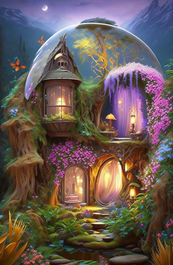 Fantasy treehouse with glowing windows in vibrant flora under crescent moon