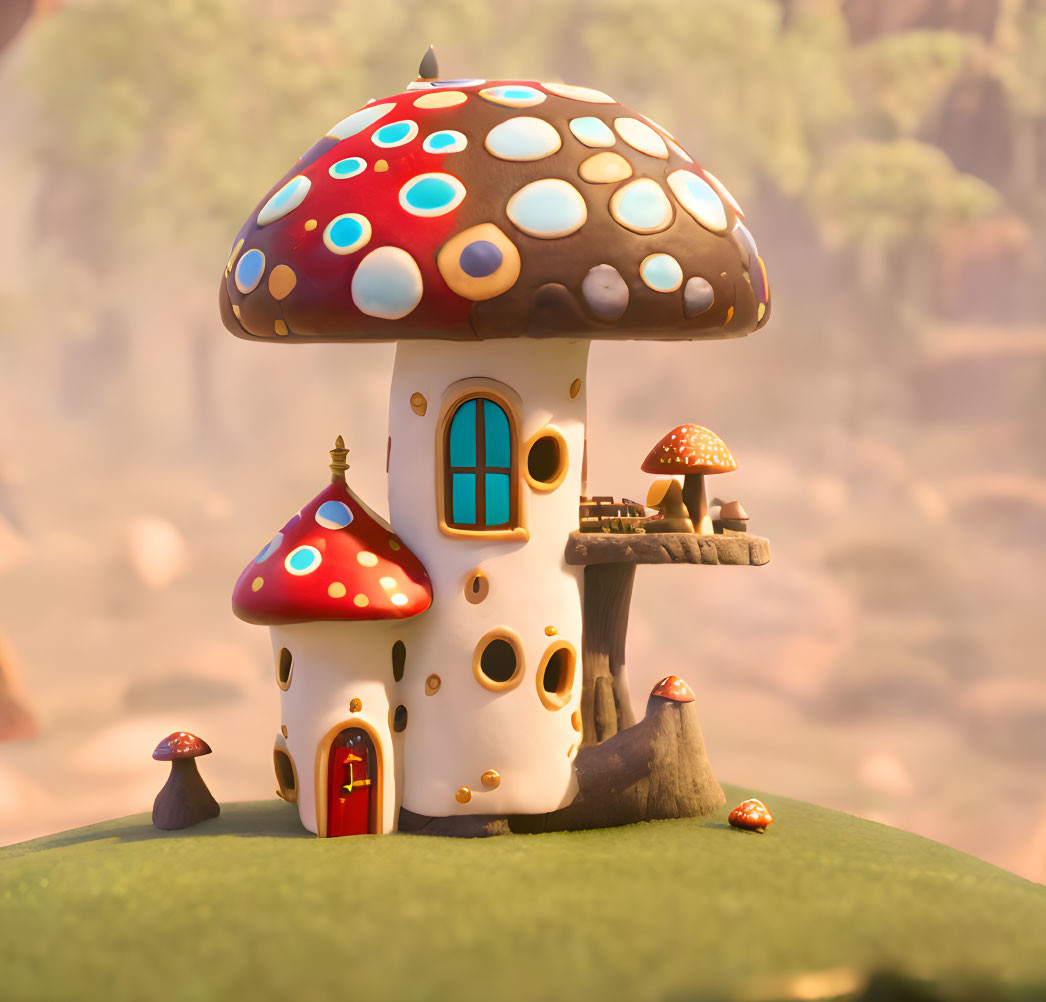 Whimsical mushroom-shaped house with red door and windows