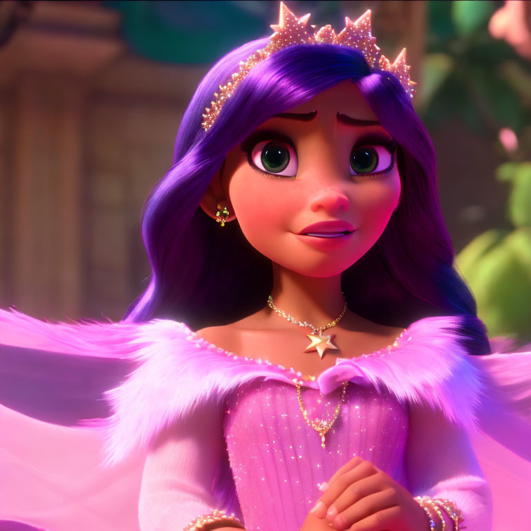 Purple-haired princess in pink gown and crown with hopeful expression