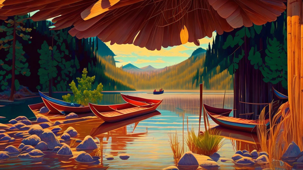 Tranquil lakeside view with canoes, paddler, mountains, and sunset from shelter