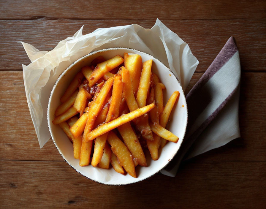 Crispy Golden French Fries with Light Reddish Sauce on Wooden Table