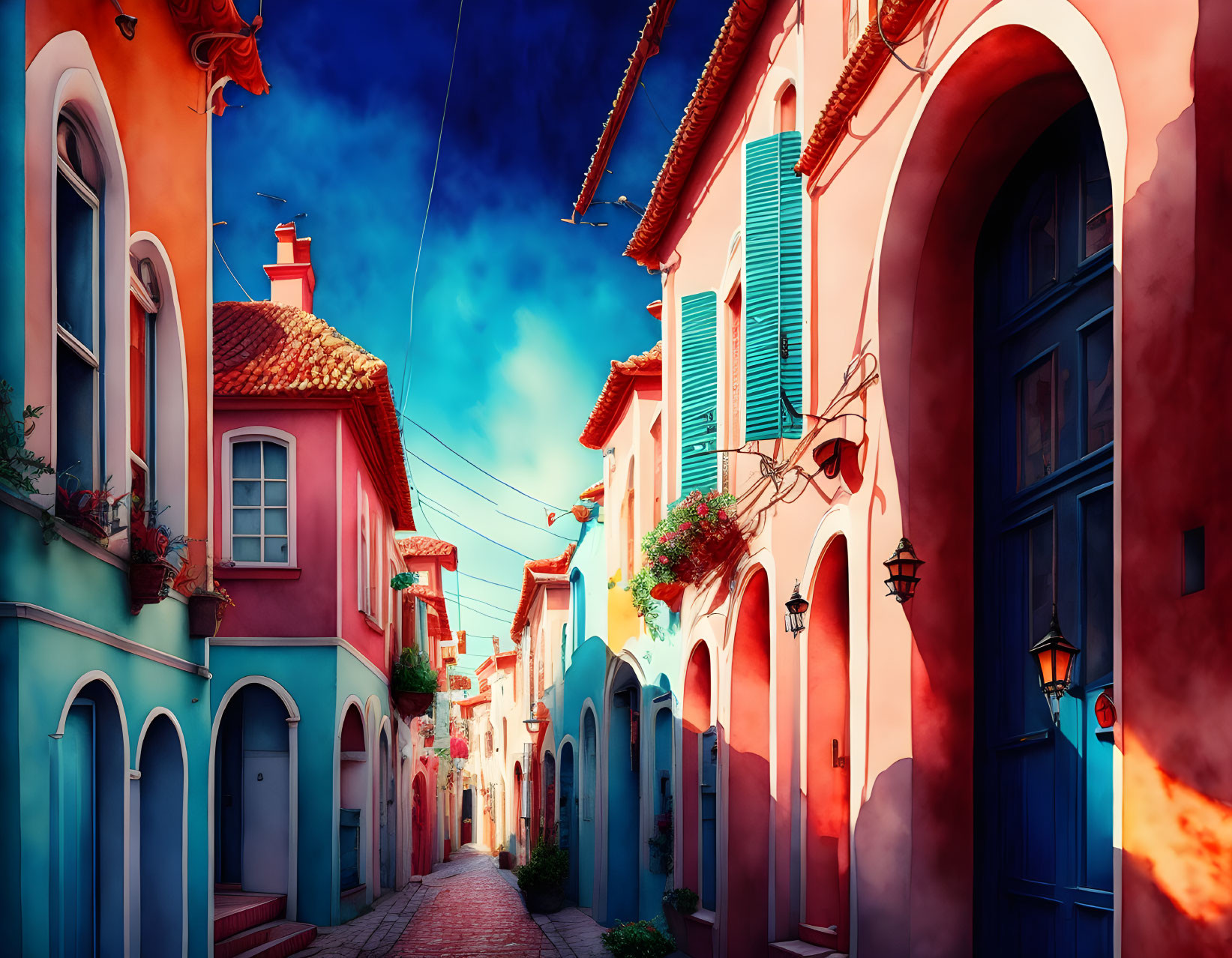 Vibrant Mediterranean street with colorful houses and hanging lanterns