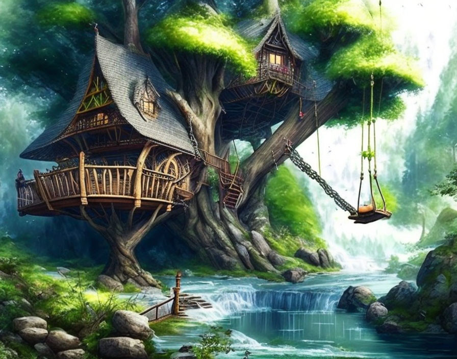 Fantasy treehouse with bridges, stream, swing, and greenery