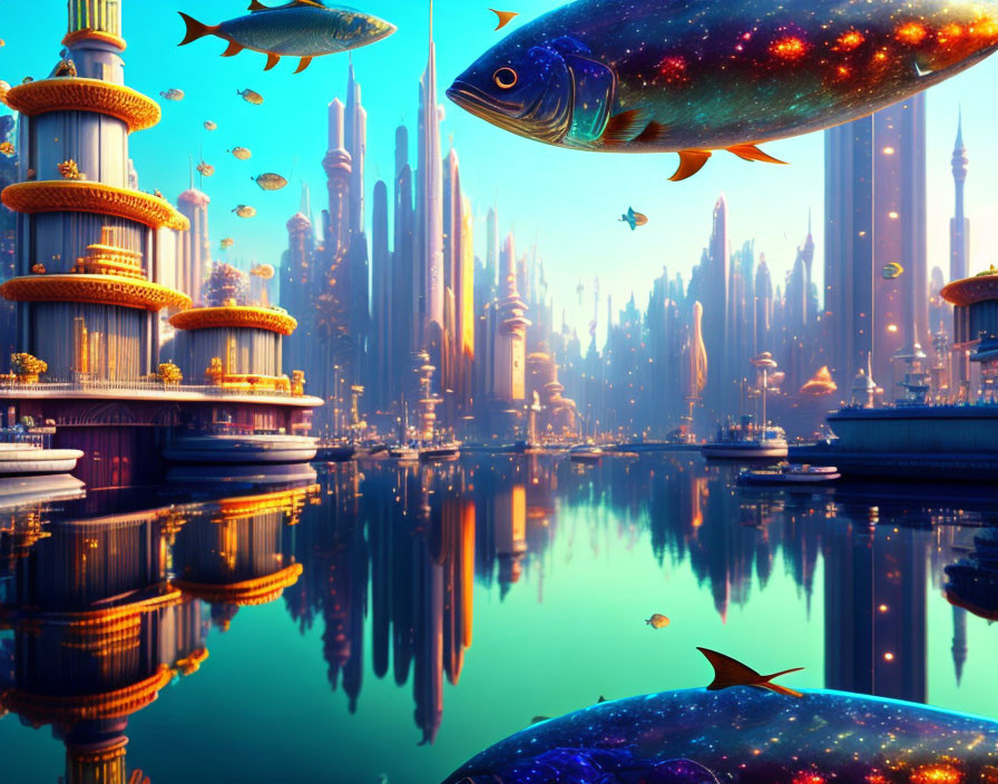 Fantastical cityscape with cosmic fish and towering spires