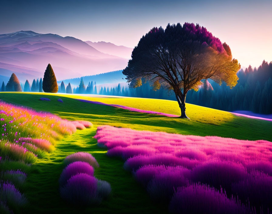 Scenic landscape with lone tree, purple flowers, and layered mountains under sunrise sky