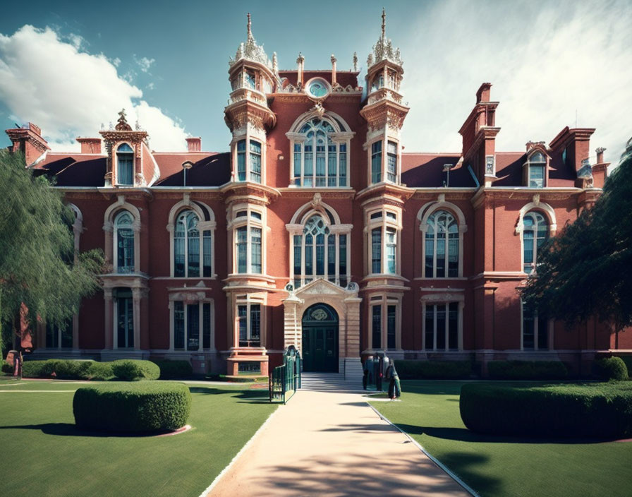 Victorian red brick building with white trim and spires against blue sky