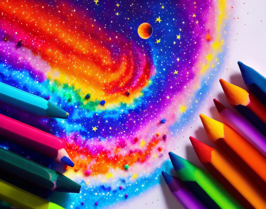 Colorful Galaxy Illustration with Pencils in Foreground