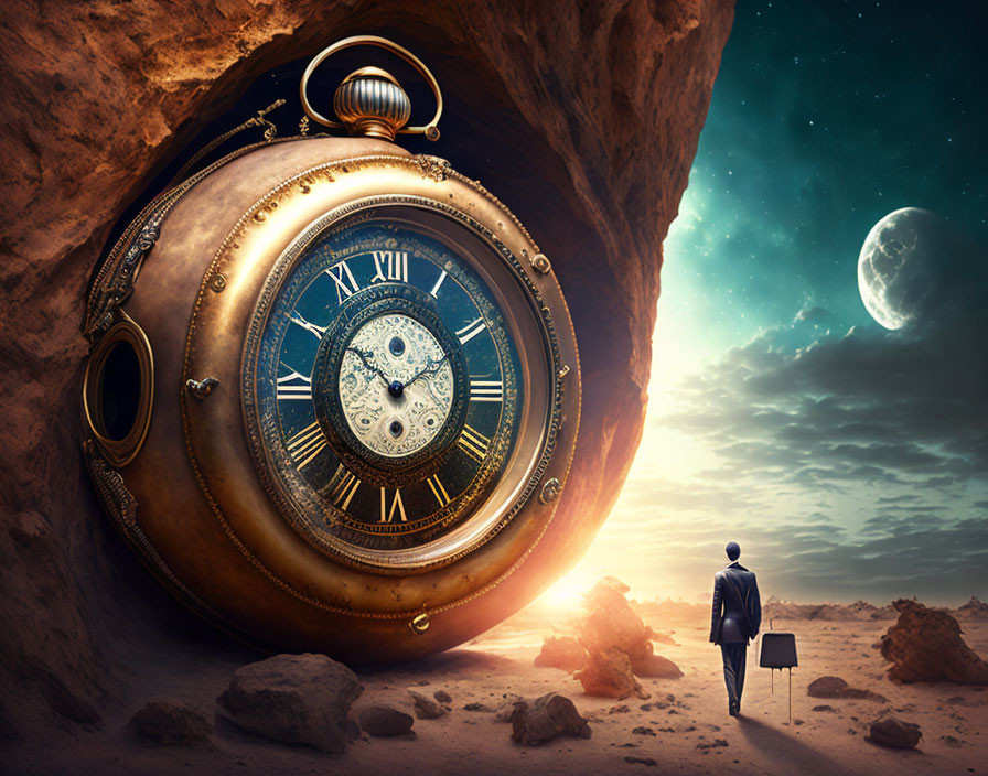 Person standing before massive ornate pocket watch in rocky landscape at twilight.