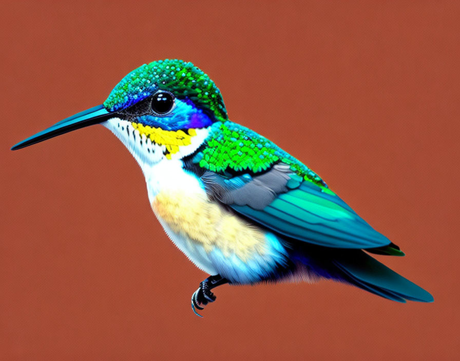 Vibrant hummingbird with green, blue, and yellow feathers on brown background