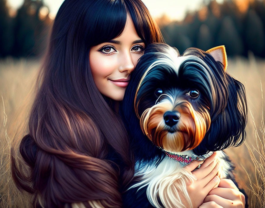 Smiling woman with long hair holding Yorkshire Terrier in sunset field