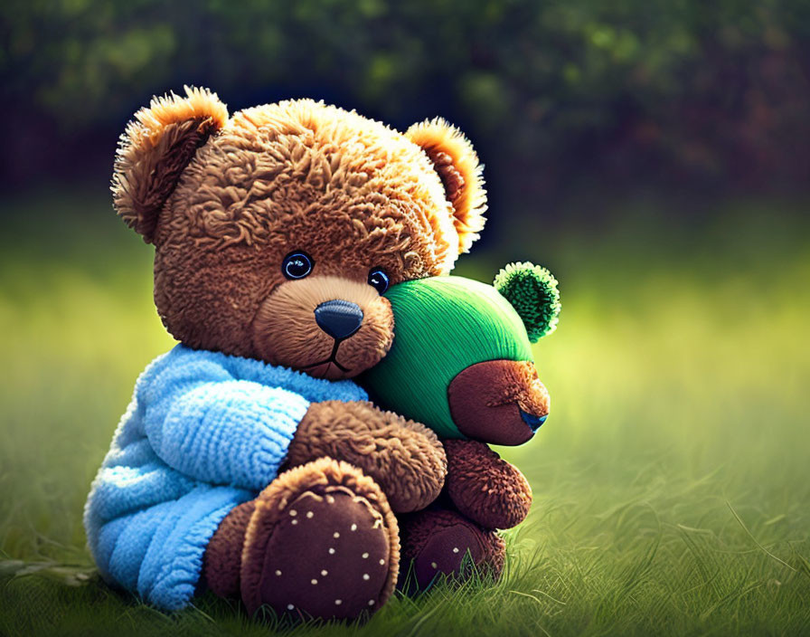 Brown and green teddy bears hugging on grass with blue sweater - cute plush toy scene