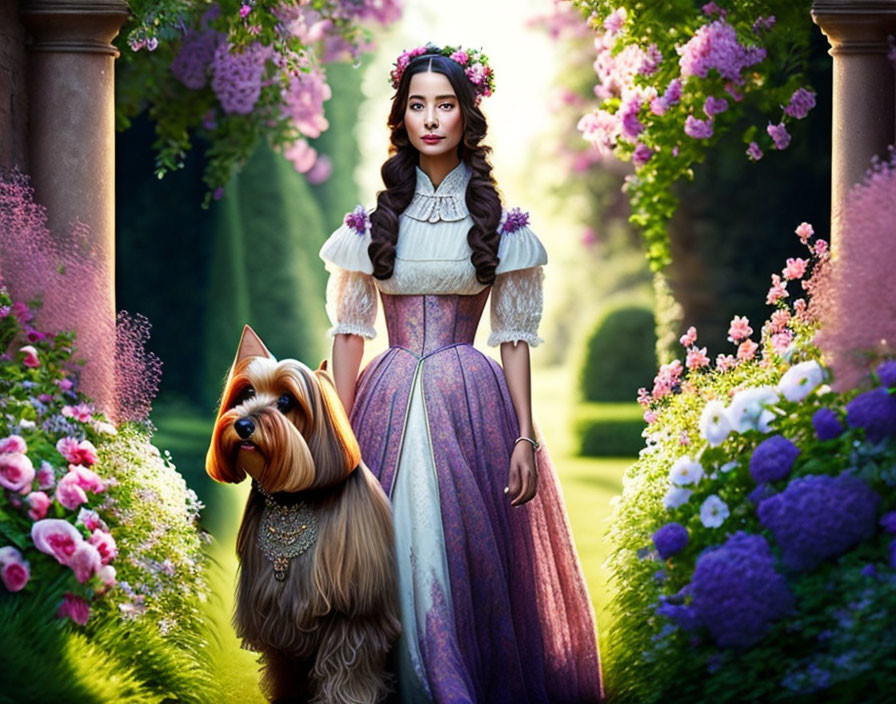 Young woman in vintage dress with Yorkshire Terrier in lush garden