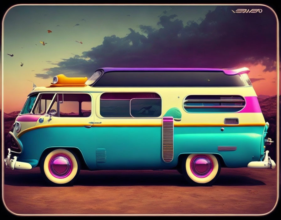 Colorful Vintage Van with Surfboards Parked Under Twilight Sky