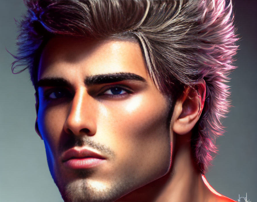 Digital portrait of a man with pink-tipped hair and strong jawline