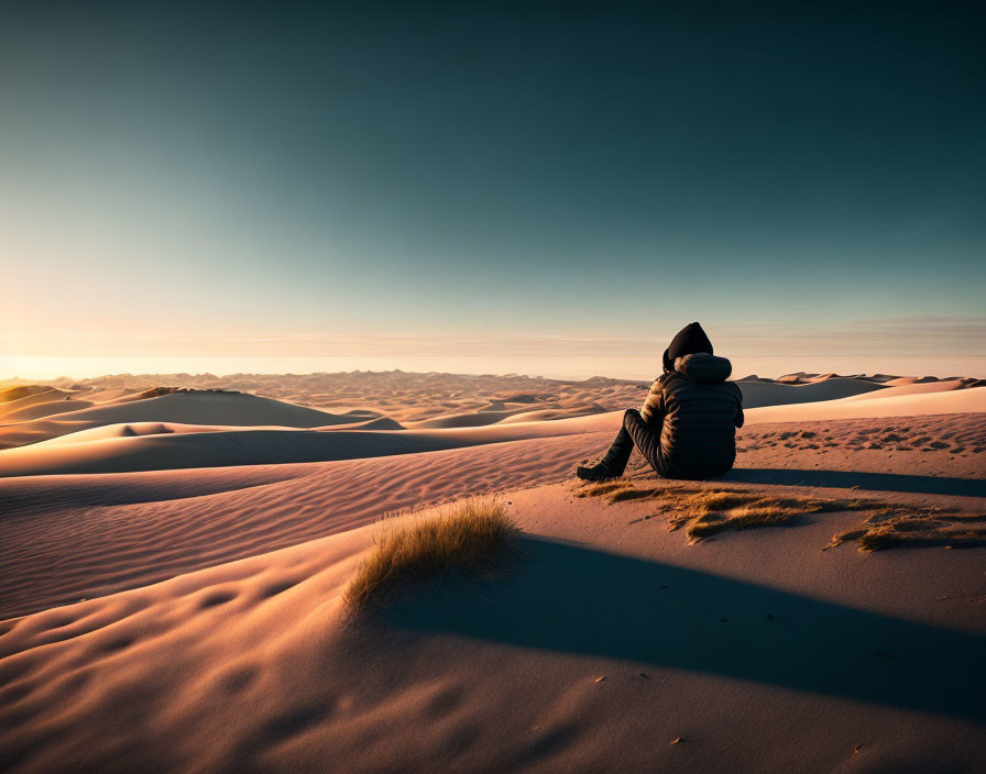 Person sitting on sand dune watching sunset shadow on desert sands