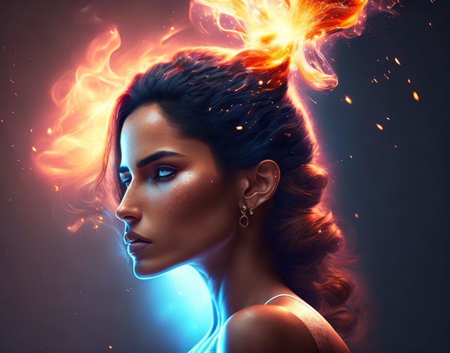 Dark-haired woman profile with fiery hair flames on dark background