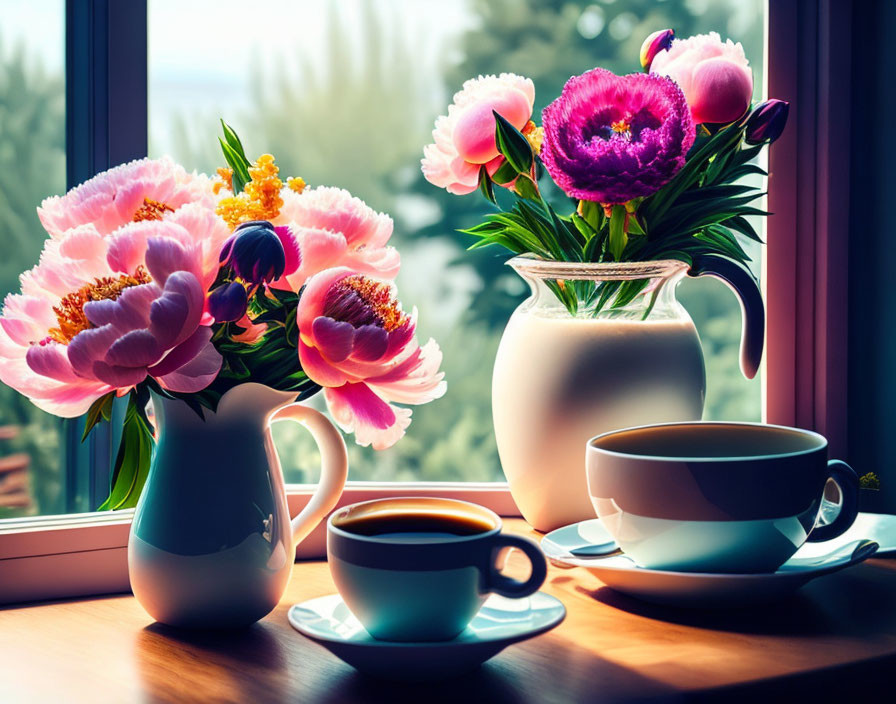 Cozy window scene with peonies, blue pitcher, and coffee cups