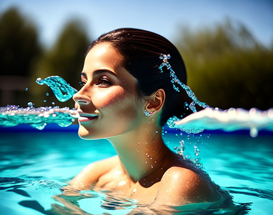 Woman with wet hair smiling after emerging from pool