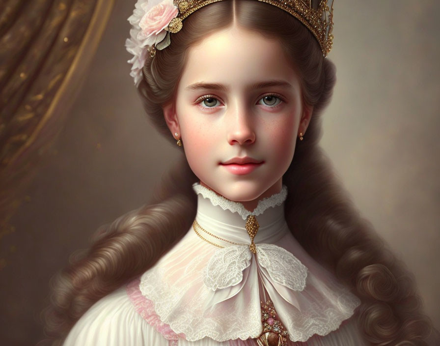 Victorian-style portrait of young girl in lace collar and tiara