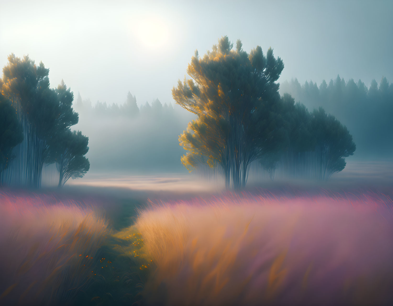 Misty forest with vibrant wildflowers under soft morning light