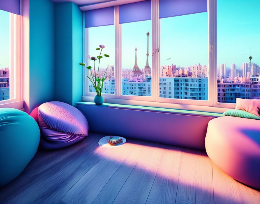 Contemporary room with cityscape view, beanbags, hardwood floors, and sunset-lit flowers.