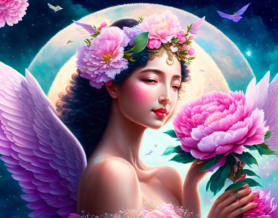 Serene angelic figure with pink wings holding peony among butterflies