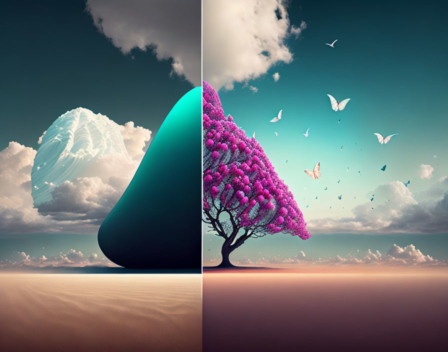 Surreal split-image: geometric shape, mountain, pink tree, butterflies, two-toned sky