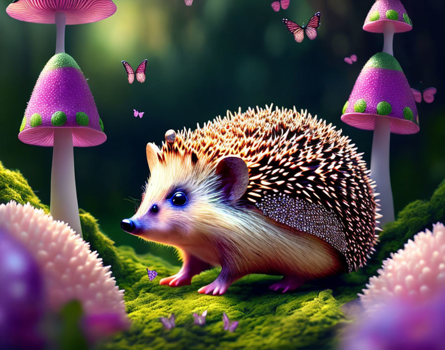 Vibrant hedgehog illustration in magical forest with glowing mushrooms