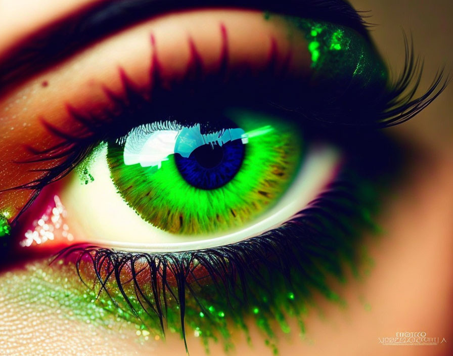 Close-up of human eye with vibrant green eyeshadow and blue iris