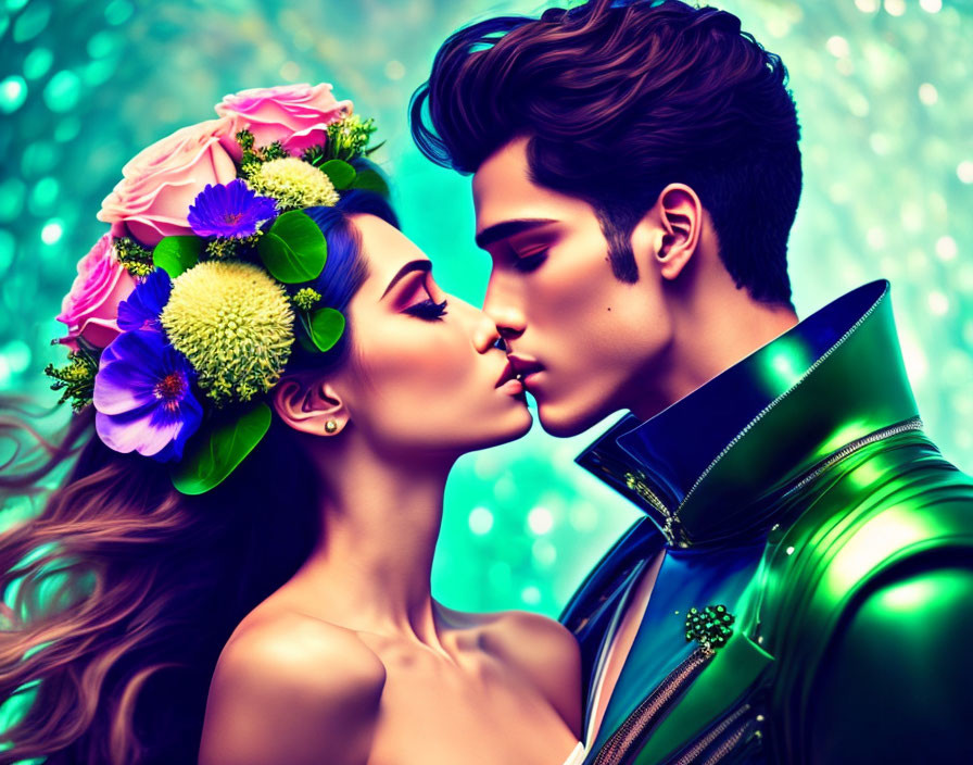 Stylish Couple Kissing with Floral Headpiece and Green Jacket on Turquoise Bokeh Background