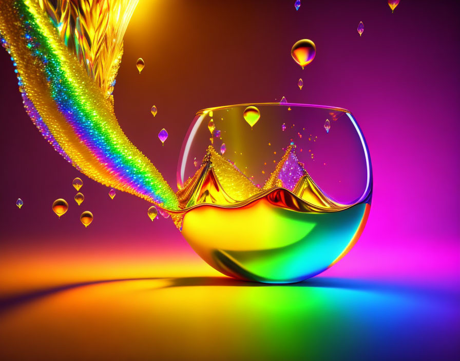 Vibrant liquid splash in glass on gradient background with suspended droplets.