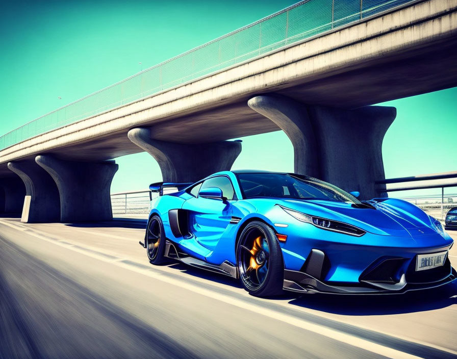 Bright Blue Sports Car Parked Under Overpass on Clear Day