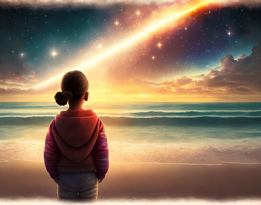 Child on Beach Watching Comet Streak at Sunset