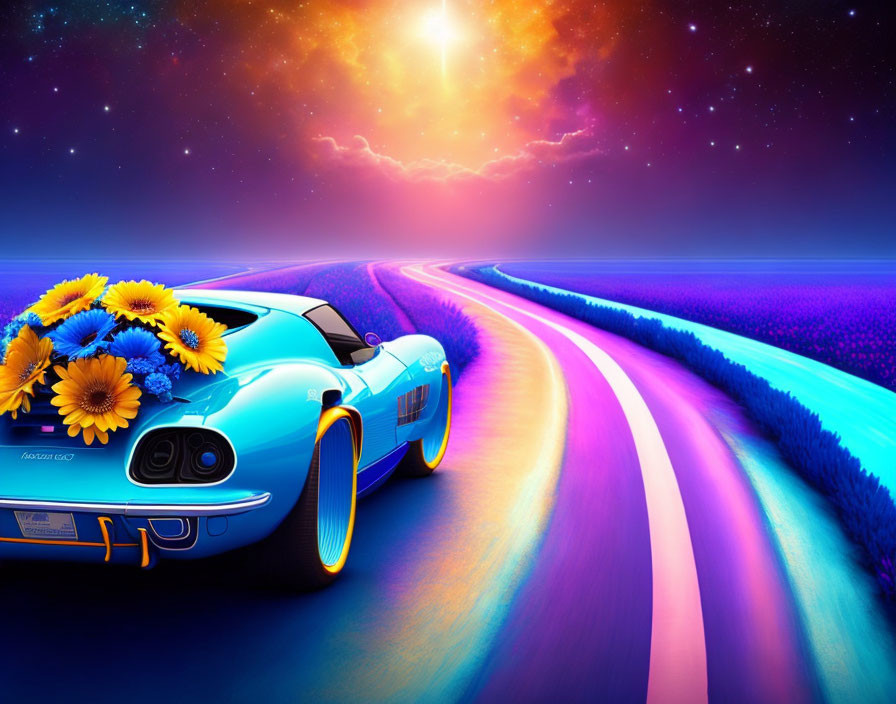 Blue classic car with sunflowers on trunk on colorful road under starry sky.