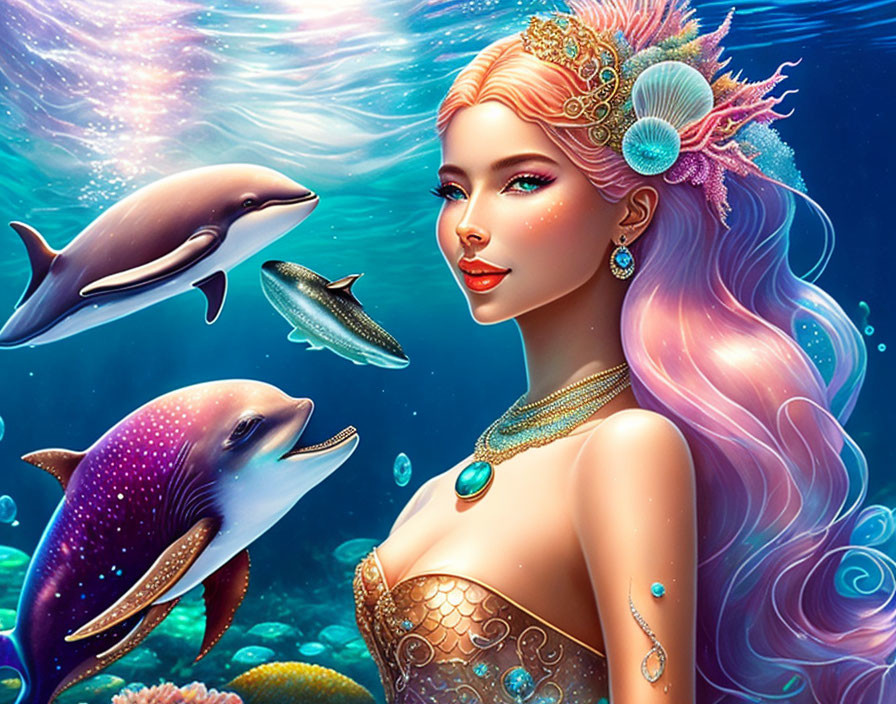 Illustrated mermaid with pink hair in vibrant ocean scene surrounded by dolphins and sea-themed jewelry.