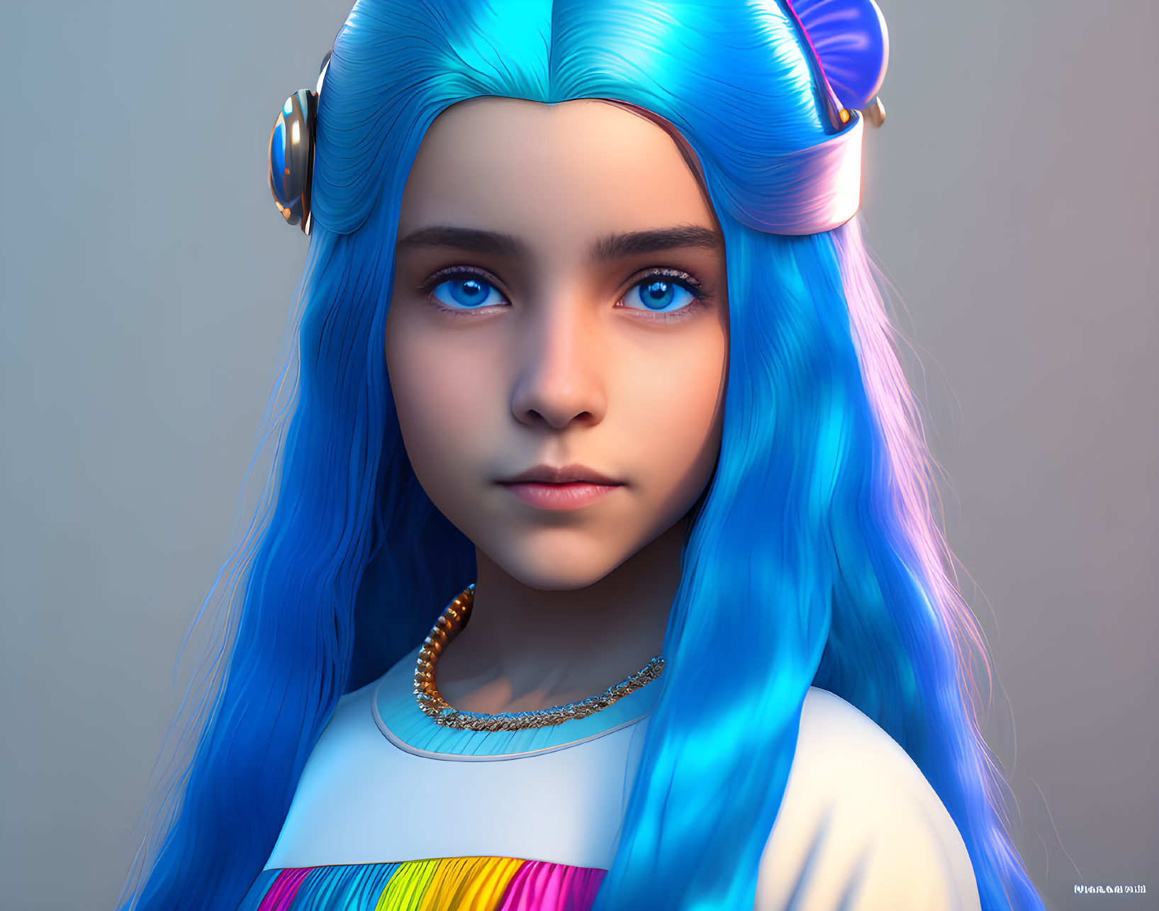 Vibrant 3D Render: Girl with Blue Hair & Headphones