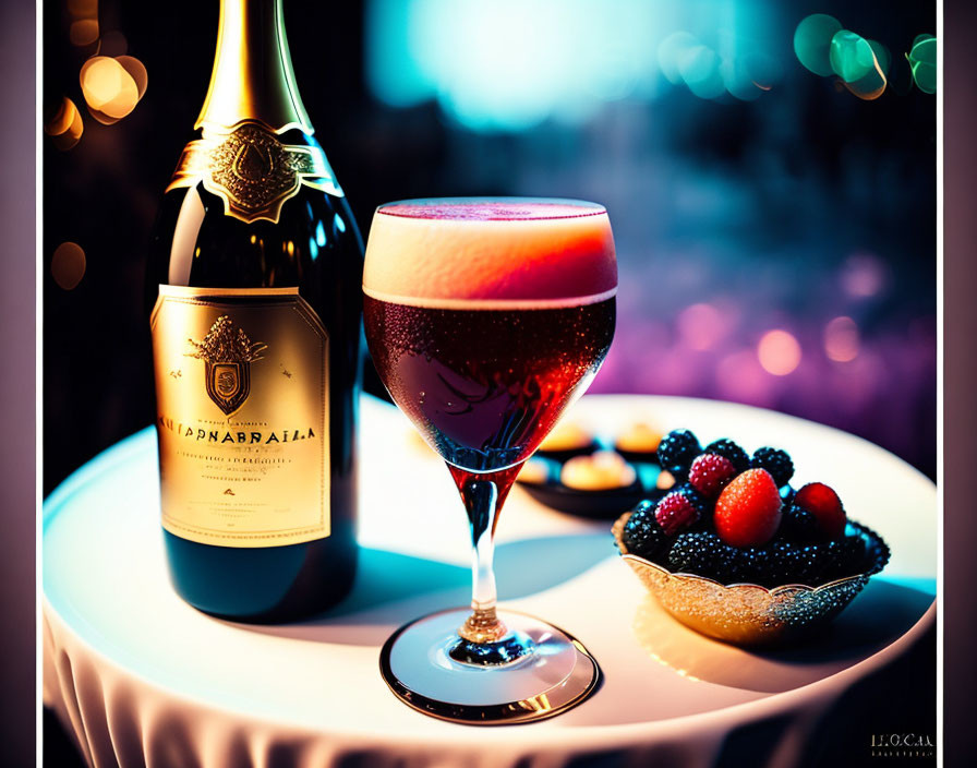 Frothy beverage glass, bottle, and mixed berries on table