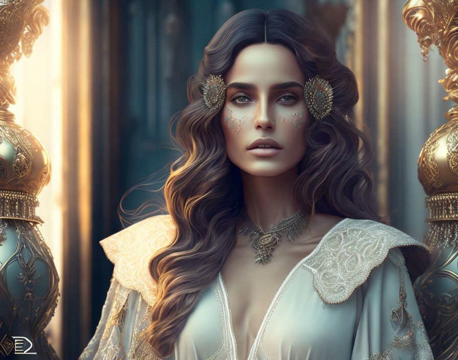 Detailed digital artwork: Woman with long wavy hair, golden accessories, freckles, cream outfit