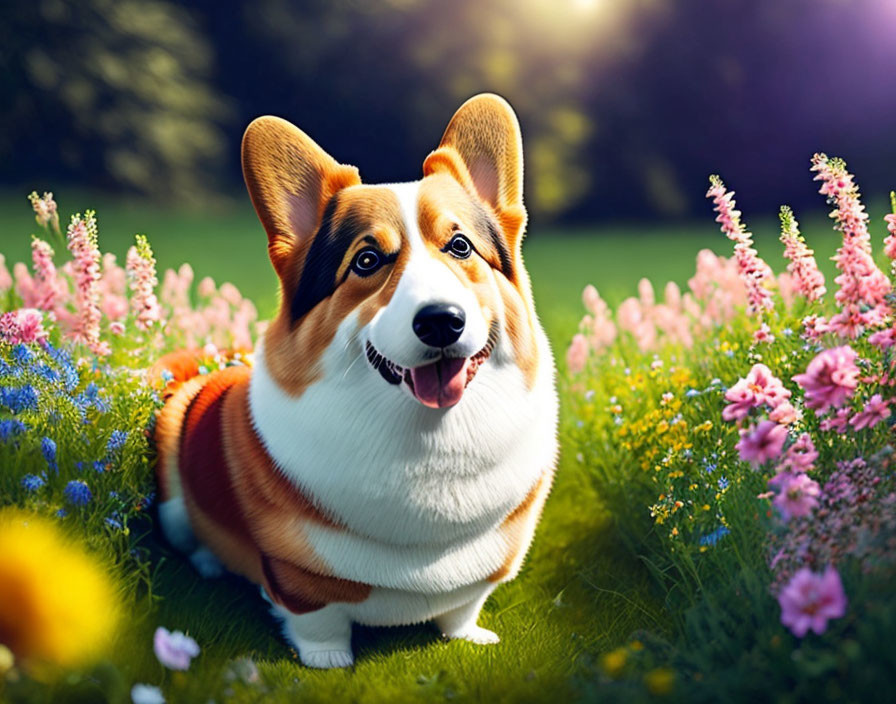 Smiling Corgi in Pink and Purple Flower Meadow