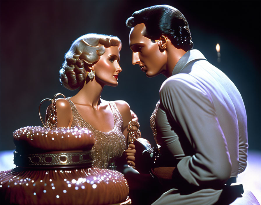 Vintage Style Couple in Gray Suit and Sparkling Gown gazes intently