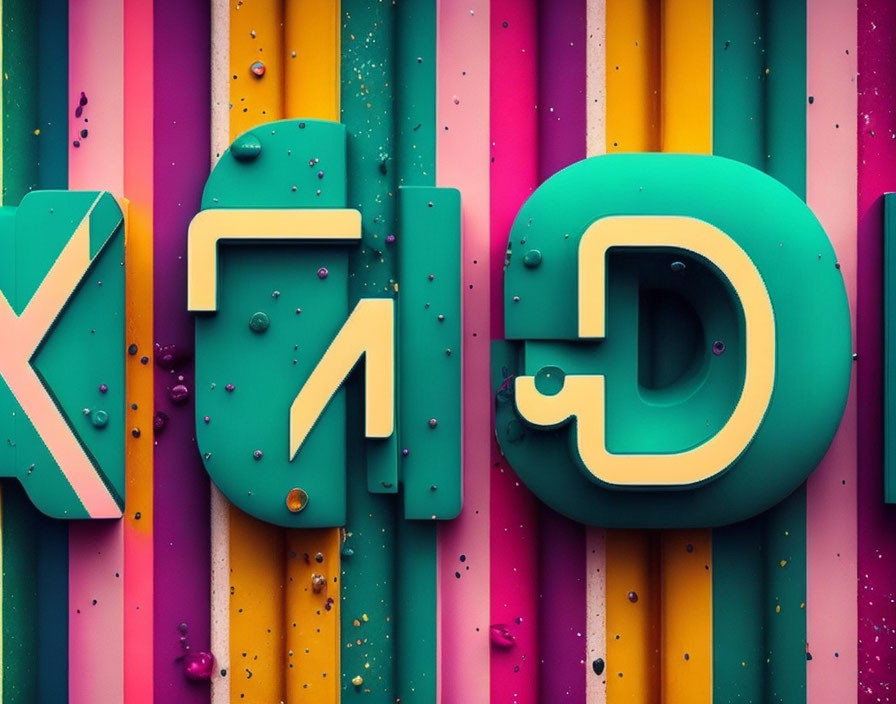 Vibrant graphic design: bold, stylized letters on striped, speckled background