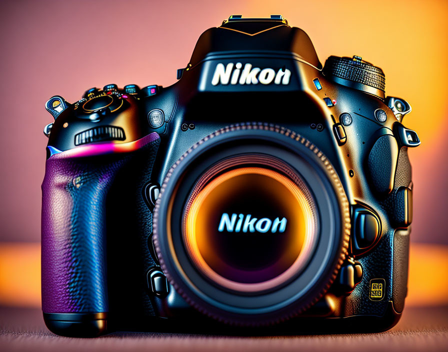 Professional Nikon DSLR Camera with Prominent Lens on Warm Gradient Background