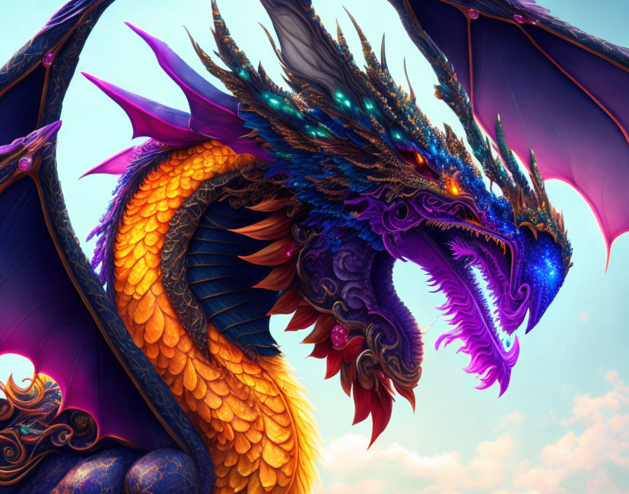 Majestic dragon with iridescent scales and sharp horns against soft sky.