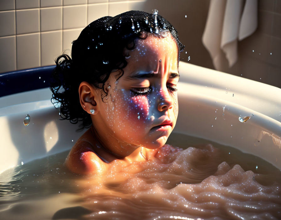 Child with galaxy face paint in bathtub with suspended water droplets